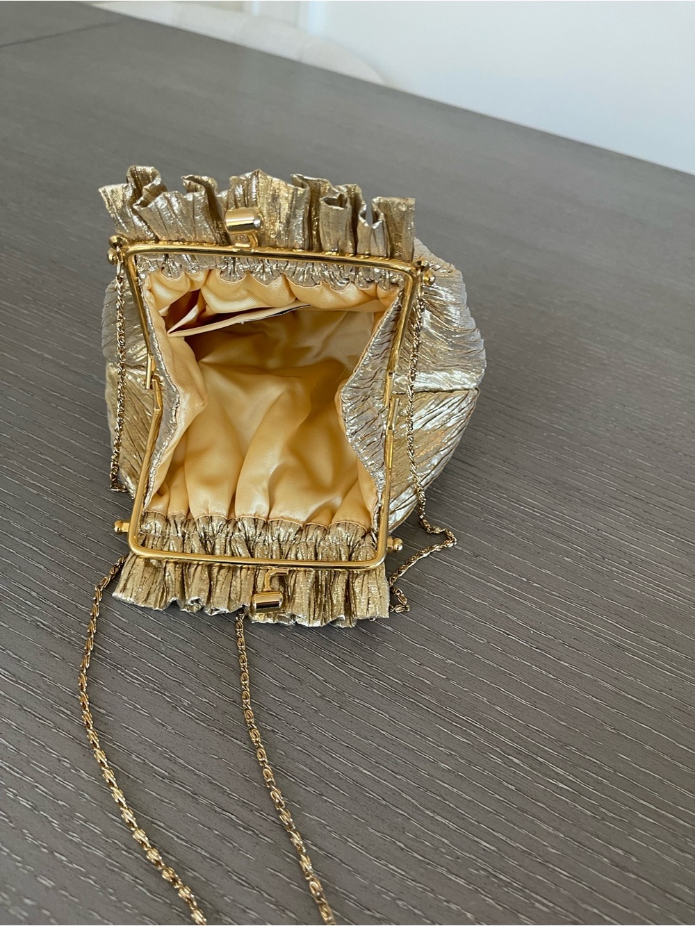 Gold Metallic Ruched Drawstring Wristlet with Chain Strap - Picture 8 of 11